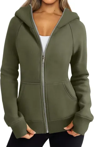 Womens Zip Up Hoodies Long Sleeve Fleece Jackets Casual Lightweight Outfits Clothes with Thumb Holes