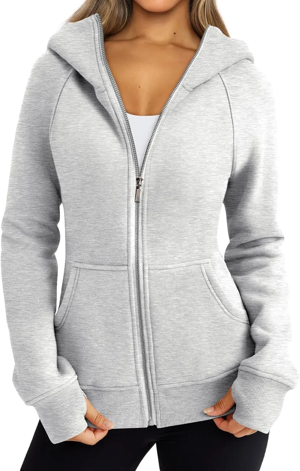 Womens Zip Up Hoodies Long Sleeve Fleece Jackets Casual Lightweight Outfits Clothes with Thumb Holes