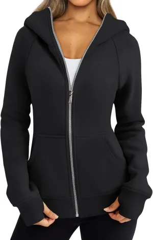 Womens Zip Up Hoodies Long Sleeve Fleece Jackets Casual Lightweight Outfits Clothes with Thumb Holes