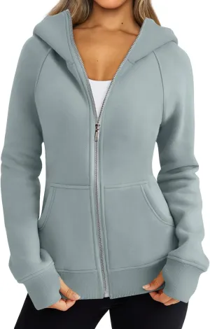 Womens Zip Up Hoodies Long Sleeve Fleece Jackets Casual Lightweight Outfits Clothes with Thumb Holes