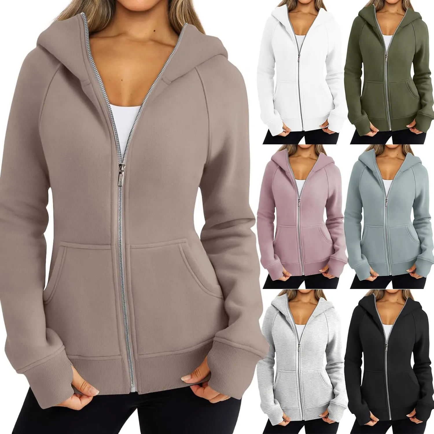 Womens Zip Up Hoodies Long Sleeve Fleece Jackets Casual Lightweight Outfits Clothes with Thumb Holes
