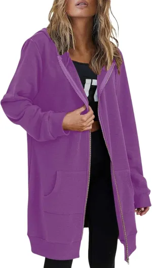 Womens Zip Up Hoodies Long Sleeve Hooded Lightweight Sweatshirt Oversized Fleece Jacket With Pockets Fall Clothes
