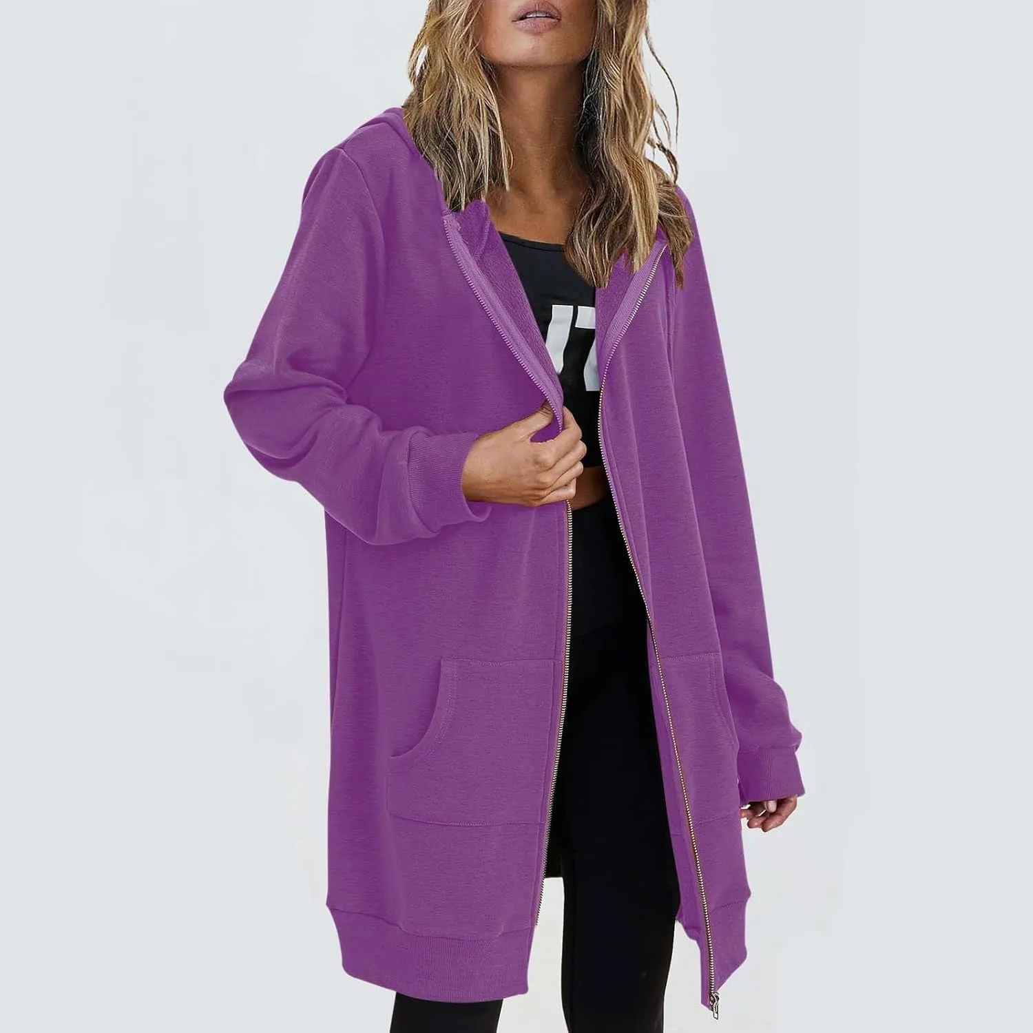 Womens Zip Up Hoodies Long Sleeve Hooded Lightweight Sweatshirt Oversized Fleece Jacket With Pockets Fall Clothes