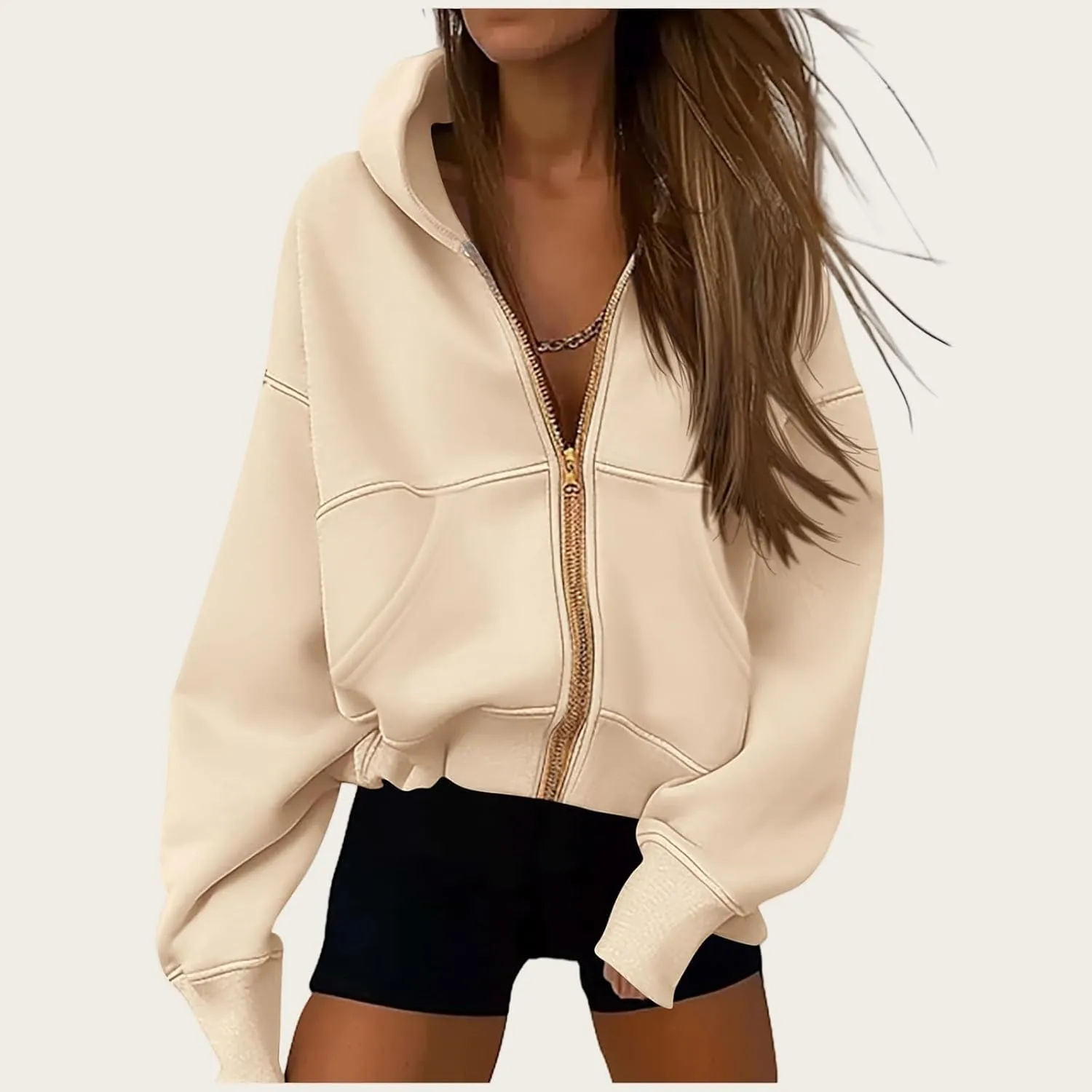 Womens Zip Up Hoodies Long Sleeve Loose Fit Jackets Fashion Fleece Cropped Jackets with Pockets