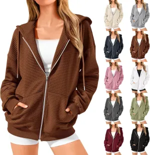 Womens Zip Up Hoodies Loose Fit Long Sleeve Oversized Sweatshirts Drawstring Y2K Lightweight Jackets with Pockets