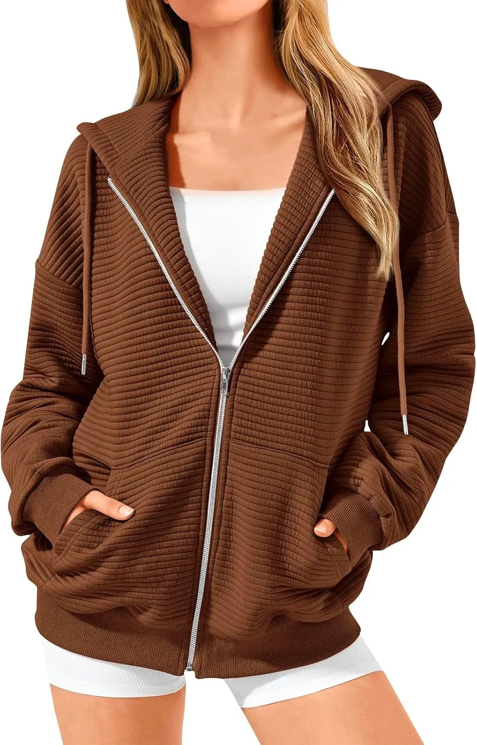 Womens Zip Up Hoodies Loose Fit Long Sleeve Oversized Sweatshirts Drawstring Y2K Lightweight Jackets with Pockets