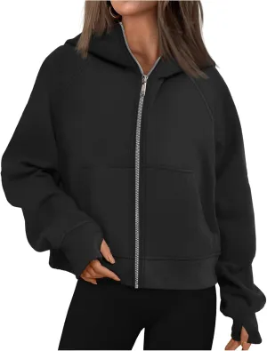 Womens Zip Up Hoodies Oversized Cropped Fleece Jackets Casual Loose Sweatshirts Fall Outfits Winter Clothes