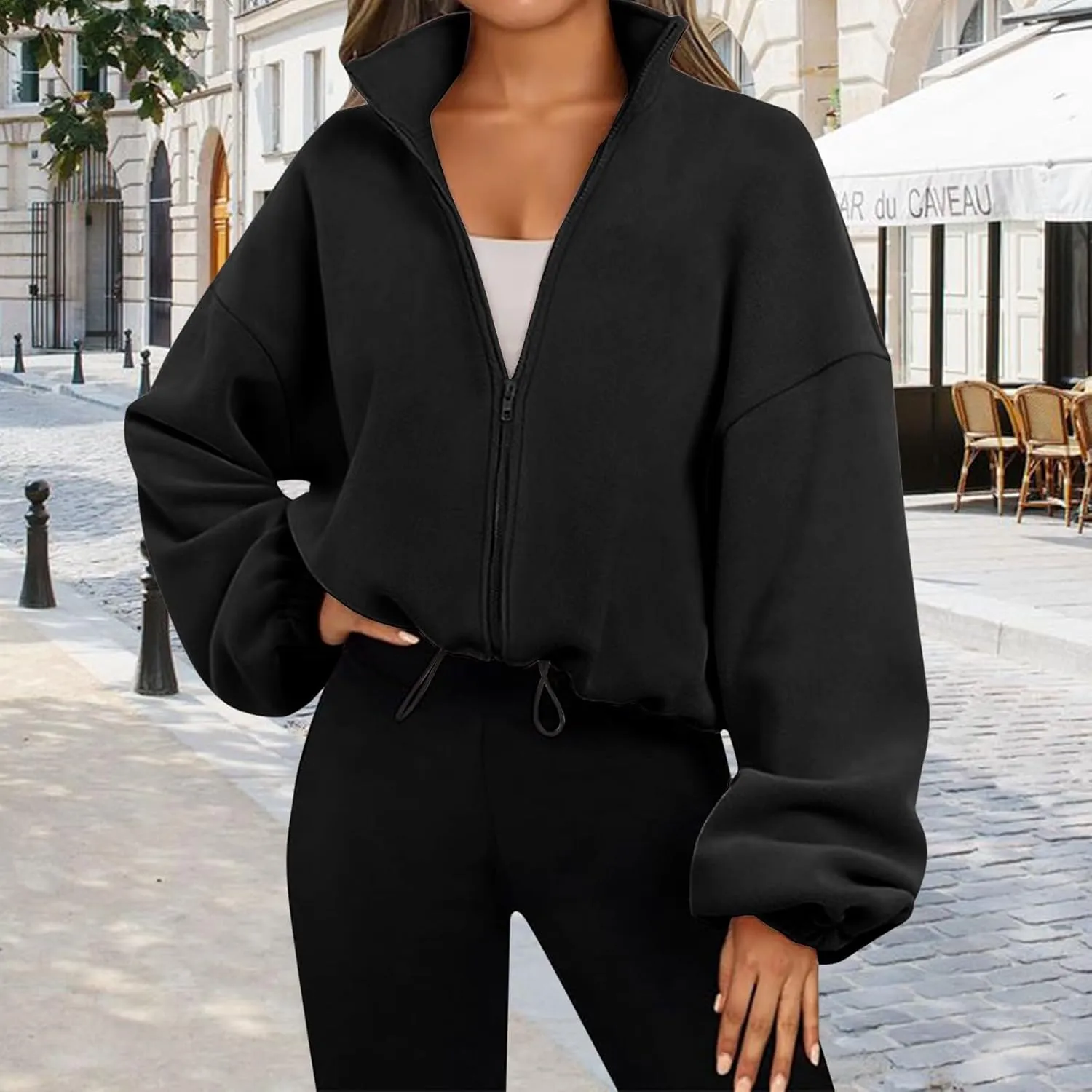 Womens Zip Up Hoodies Oversized Sweatshirts Stand Collar Long Sleeve Cropped 2024 Fleece Trendy Fall Outfits
