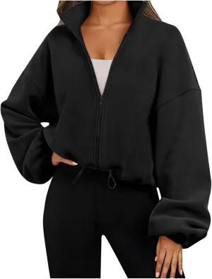 Womens Zip Up Hoodies Oversized Sweatshirts Stand Collar Long Sleeve Cropped 2024 Fleece Trendy Fall Outfits