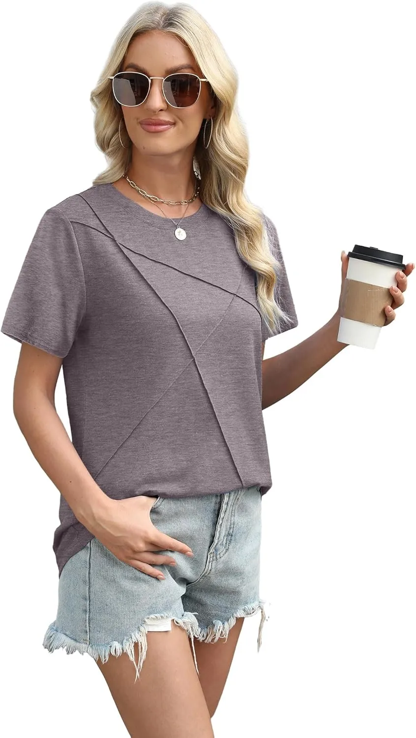XIEERDUO Womens Summer Tops 2025 Pleated Round Neck Short Sleeve Shirts Business Casual