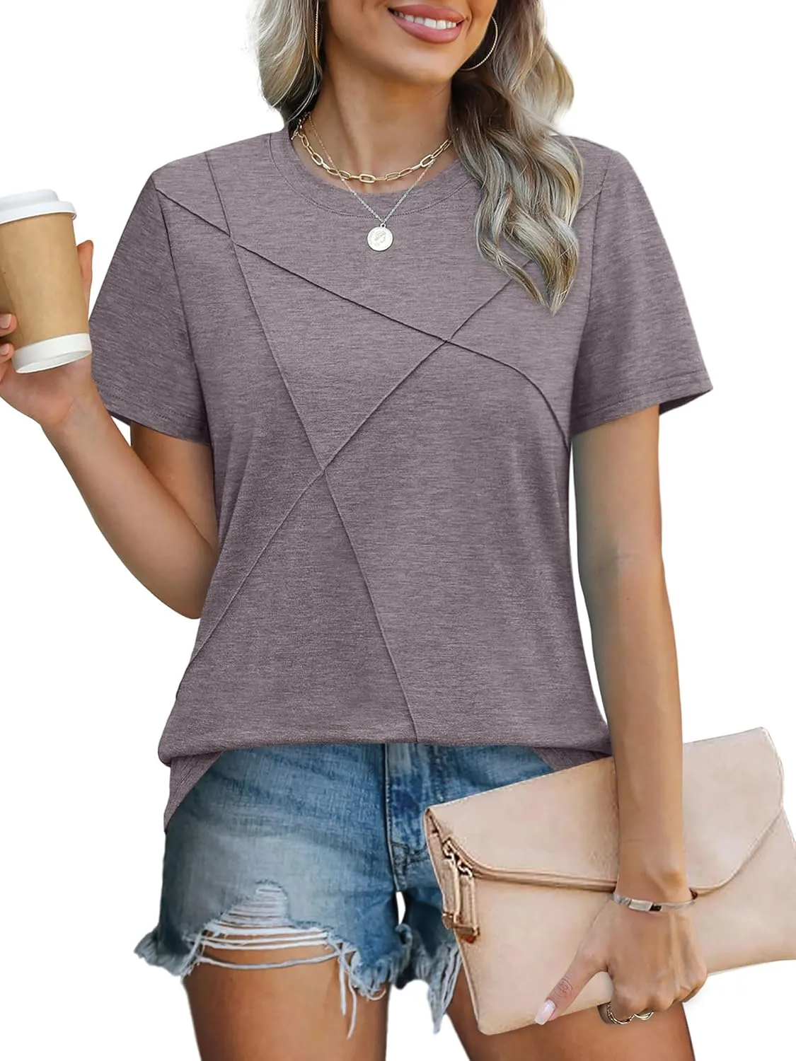 XIEERDUO Womens Summer Tops 2025 Pleated Round Neck Short Sleeve Shirts Business Casual