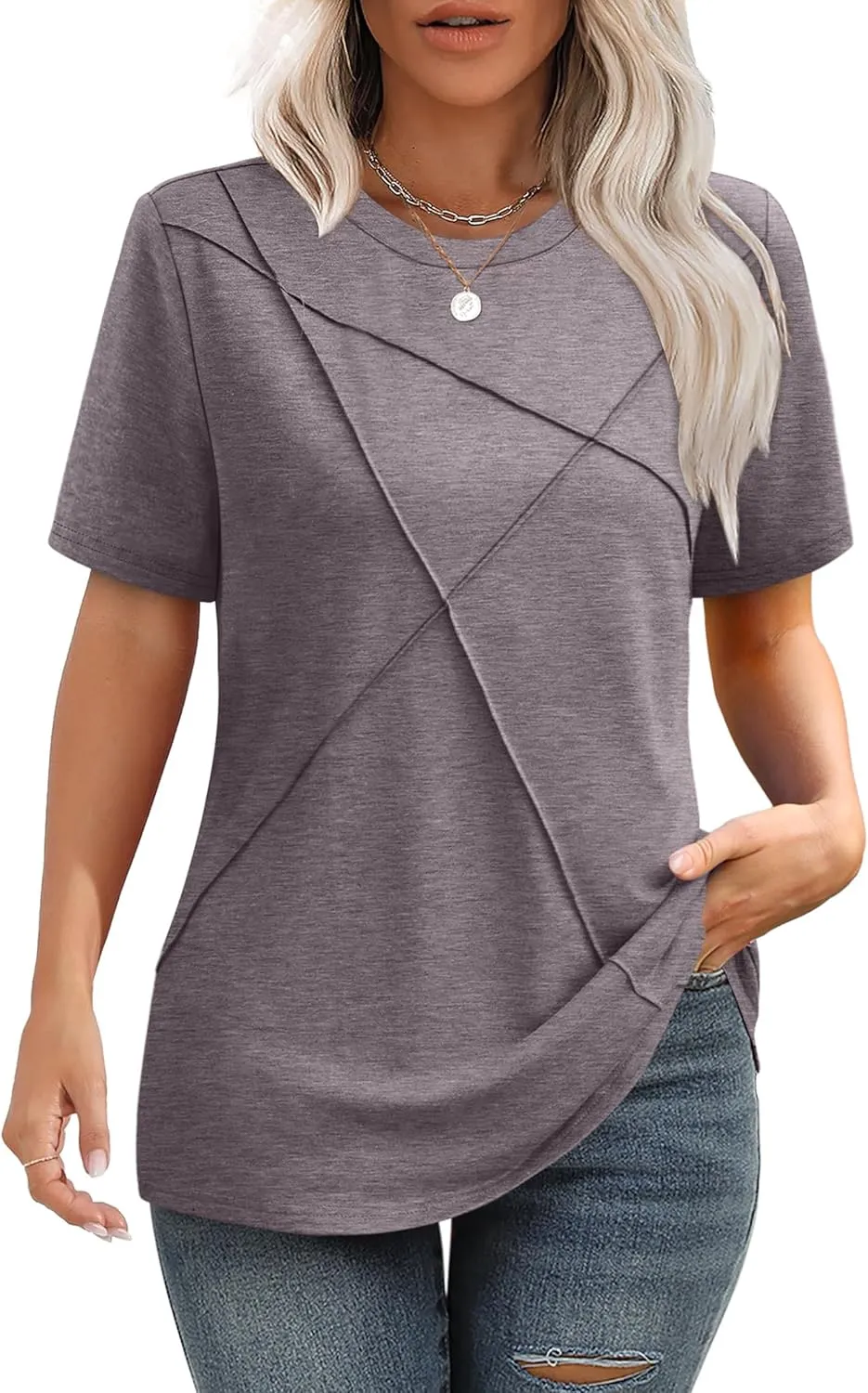 XIEERDUO Womens Summer Tops 2025 Pleated Round Neck Short Sleeve Shirts Business Casual