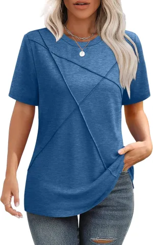 XIEERDUO Womens Summer Tops 2025 Pleated Round Neck Short Sleeve Shirts Business Casual