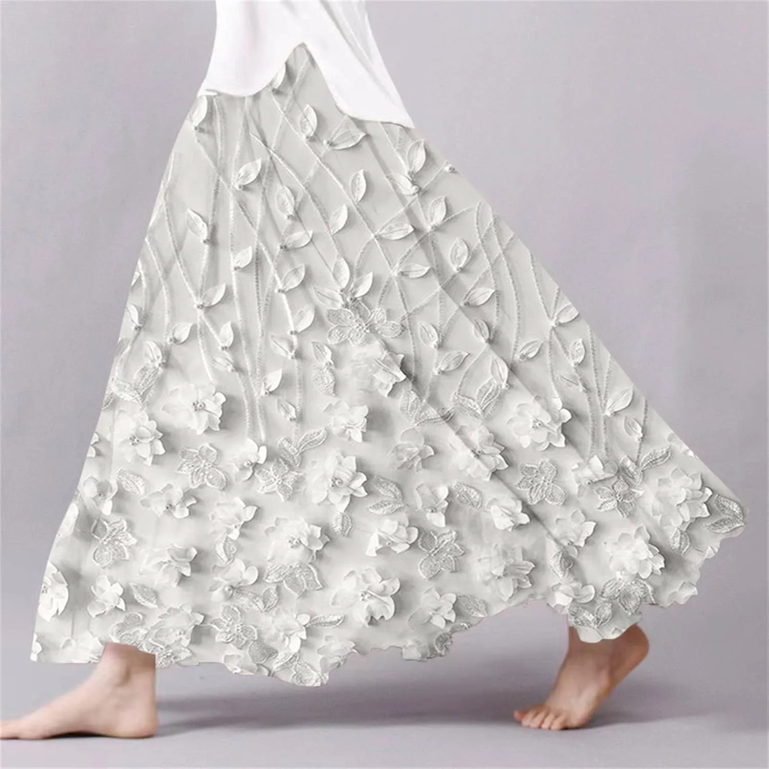 XOWRTE Women's Boho Casual Skirts Summer 2025 Lace Embroidery Elastic Waist Flowy Tiered A-Line Beach Maxi Skirt Swing Cute
