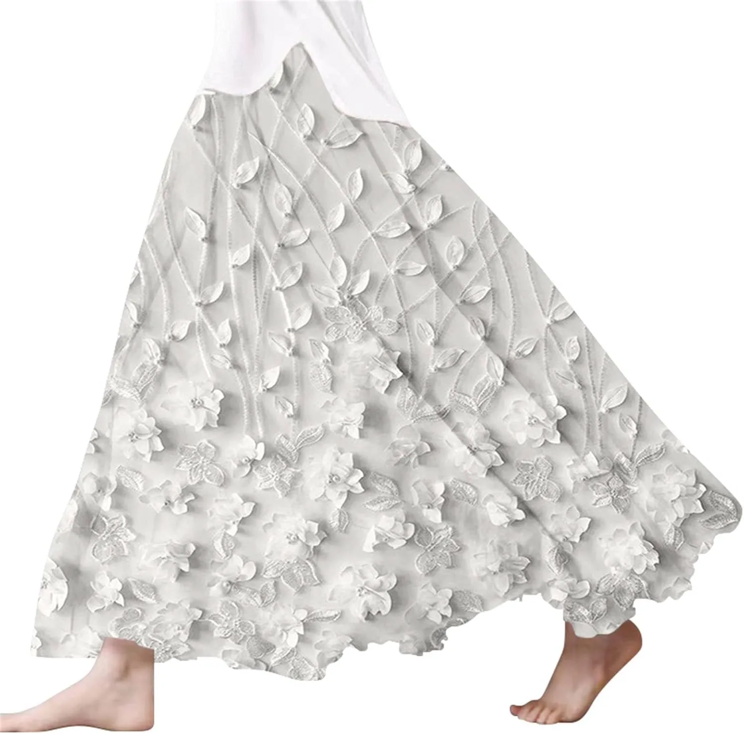 XOWRTE Women's Boho Casual Skirts Summer 2025 Lace Embroidery Elastic Waist Flowy Tiered A-Line Beach Maxi Skirt Swing Cute