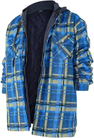 Ymosrh Men's Shirt Jackets Hooded Shirt Jacket Plaid Quilted Lined Long Sleeve Fall Winter Coat Button Shirts, M-5XL