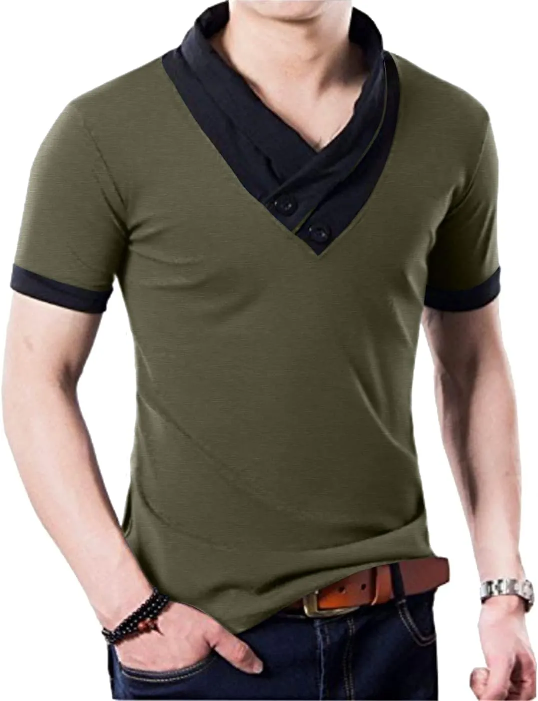 YTD Mens Cotton Casual V-Neck Button Slim Muscle Tops Tee Short Sleeve T-Shirts