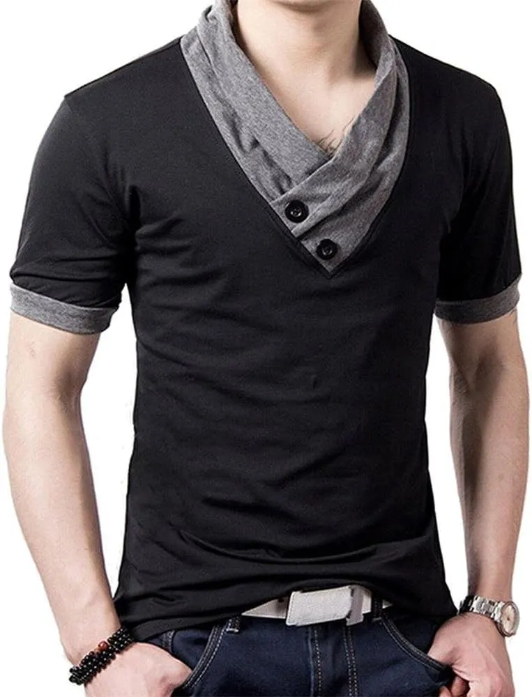 YTD Mens Cotton Casual V-Neck Button Slim Muscle Tops Tee Short Sleeve T-Shirts