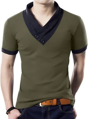 YTD Mens Cotton Casual V-Neck Button Slim Muscle Tops Tee Short Sleeve T-Shirts