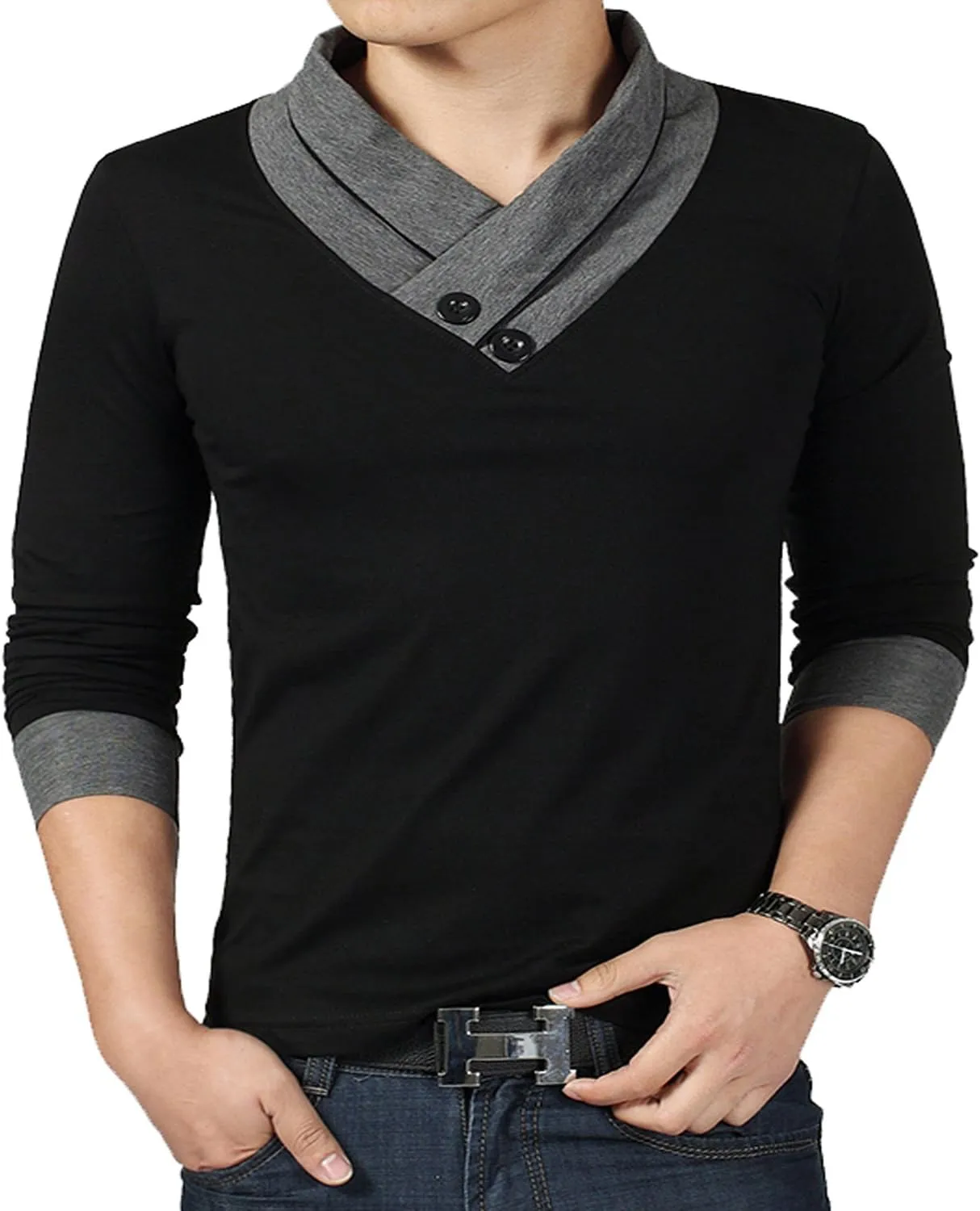 YTD Mens Cotton Casual V-Neck Button Slim Muscle Tops Tee Short Sleeve T-Shirts