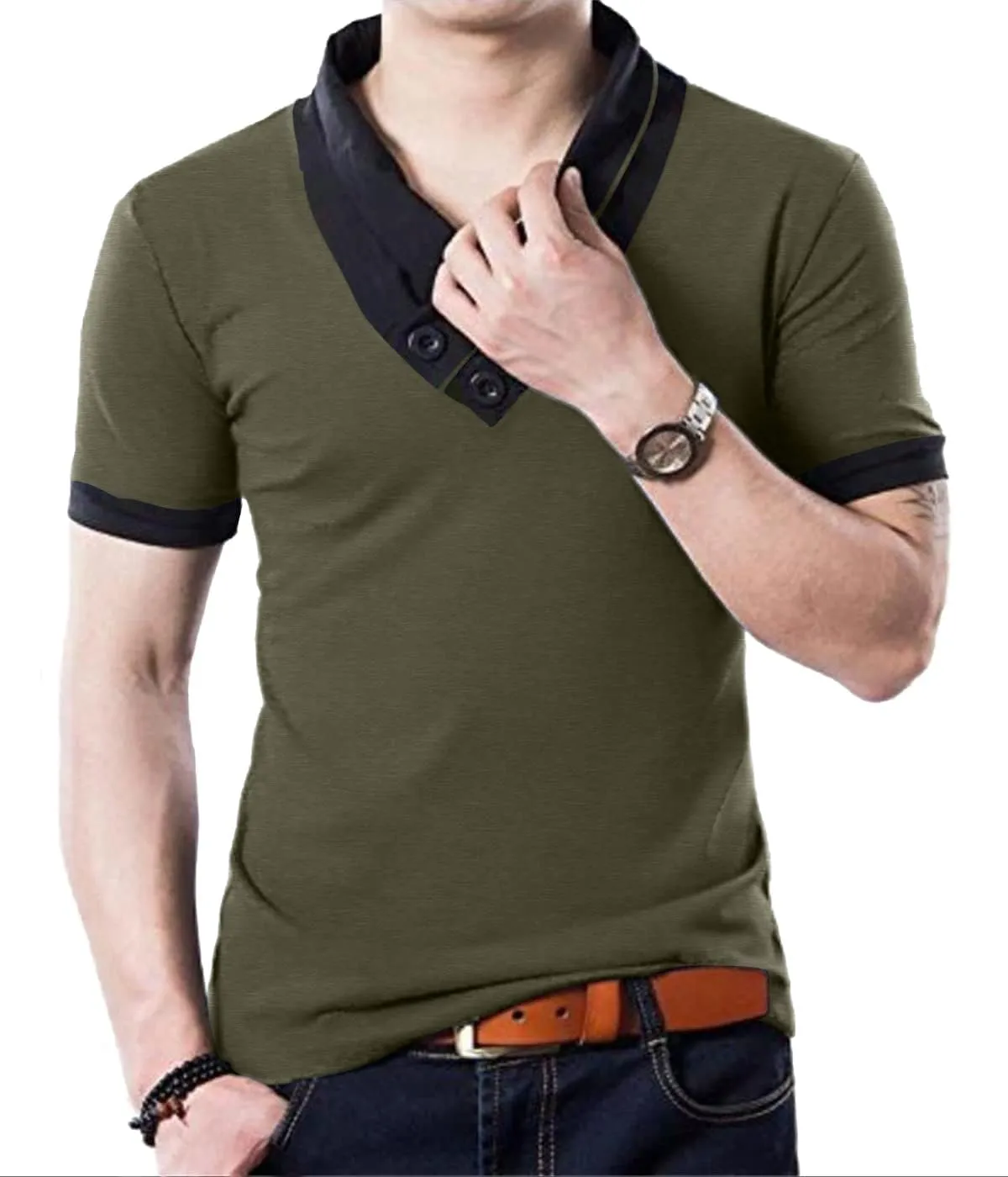 YTD Mens Cotton Casual V-Neck Button Slim Muscle Tops Tee Short Sleeve T-Shirts