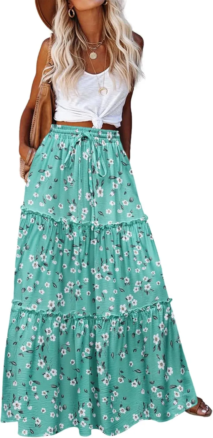 Zeagoo Womens Casual Maxi Skirts for Women 2025 High Waist Boho Skirts Floral Printed Long Flowy Skirt with Pockets