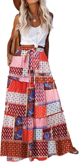 Zeagoo Womens Casual Maxi Skirts for Women 2025 High Waist Boho Skirts Floral Printed Long Flowy Skirt with Pockets