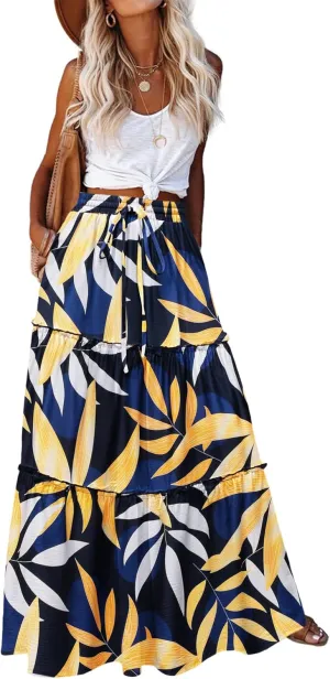 Zeagoo Womens Casual Maxi Skirts for Women 2025 High Waist Boho Skirts Floral Printed Long Flowy Skirt with Pockets