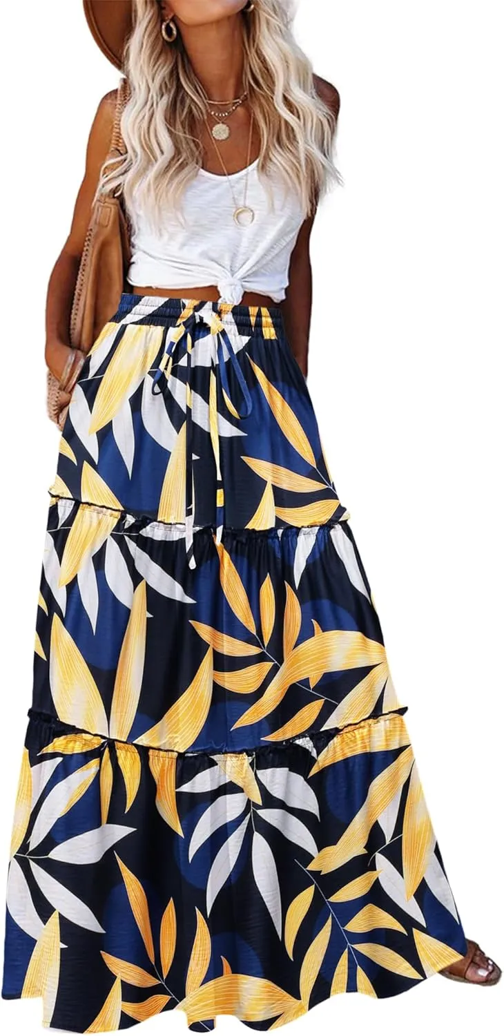 Zeagoo Womens Casual Maxi Skirts for Women 2025 High Waist Boho Skirts Floral Printed Long Flowy Skirt with Pockets