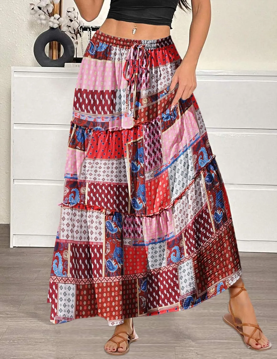 Zeagoo Womens Casual Maxi Skirts for Women 2025 High Waist Boho Skirts Floral Printed Long Flowy Skirt with Pockets