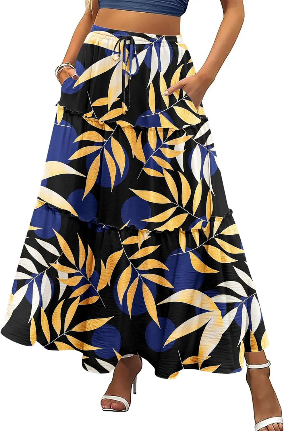 Zeagoo Womens Casual Maxi Skirts for Women 2025 High Waist Boho Skirts Floral Printed Long Flowy Skirt with Pockets