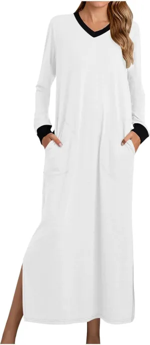 ZEFOTIM Long Sleeve Dress for Women Solid Color Dress Womens Summer Dresses Long Dress V Neck Dresses Womens Spring Dresses