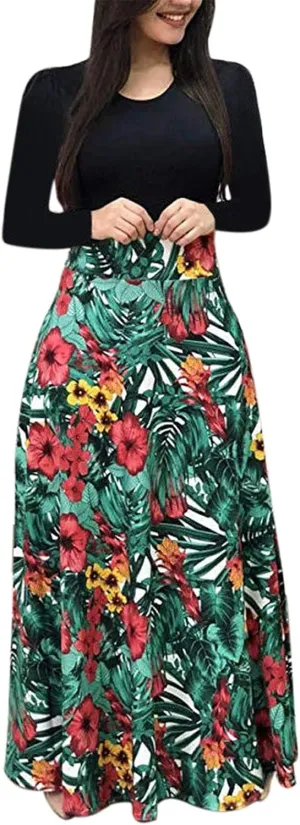 ZEFOTIM Long Sleeve Dresses for Women 2025 Floral Dress Summer Dresses Long Dresses Crewneck Dress Spring Dresses for Women