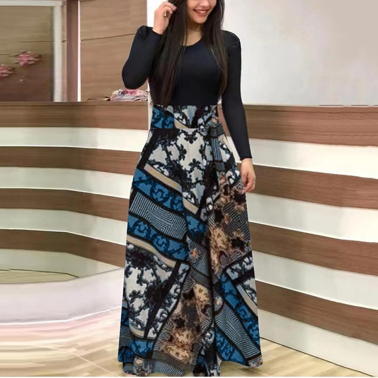 ZEFOTIM Long Sleeve Dresses for Women 2025 Floral Dress Summer Dresses Long Dresses Crewneck Dress Spring Dresses for Women