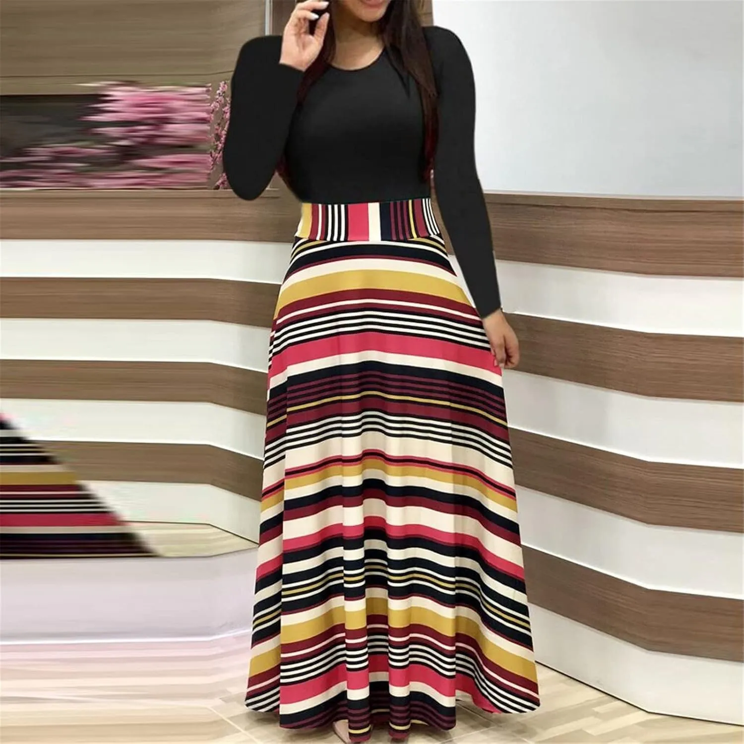 ZEFOTIM Long Sleeve Dresses for Women 2025 Floral Dress Summer Dresses Long Dresses Crewneck Dress Spring Dresses for Women