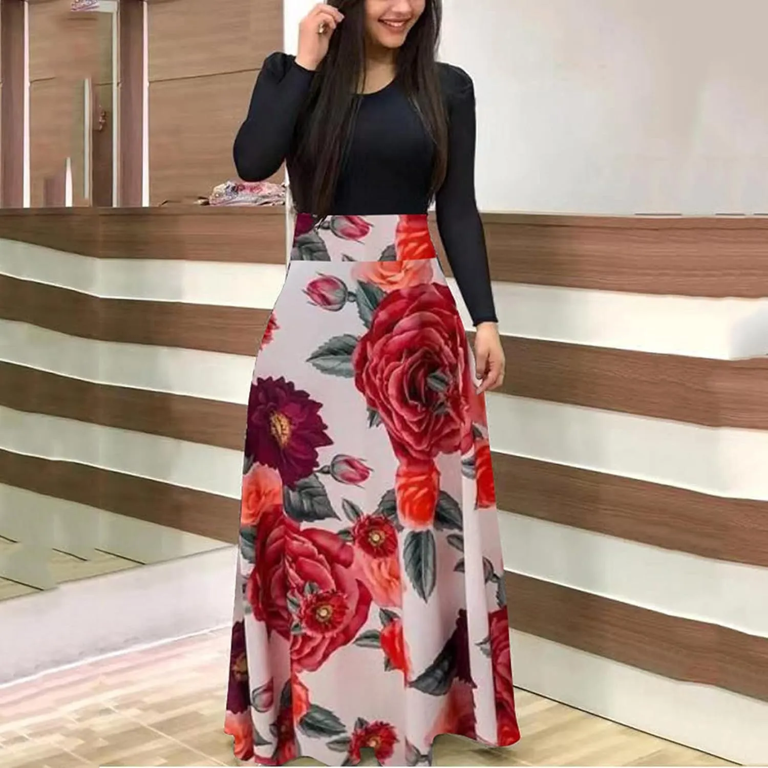 ZEFOTIM Long Sleeve Dresses for Women 2025 Floral Dress Summer Dresses Long Dresses Crewneck Dress Spring Dresses for Women