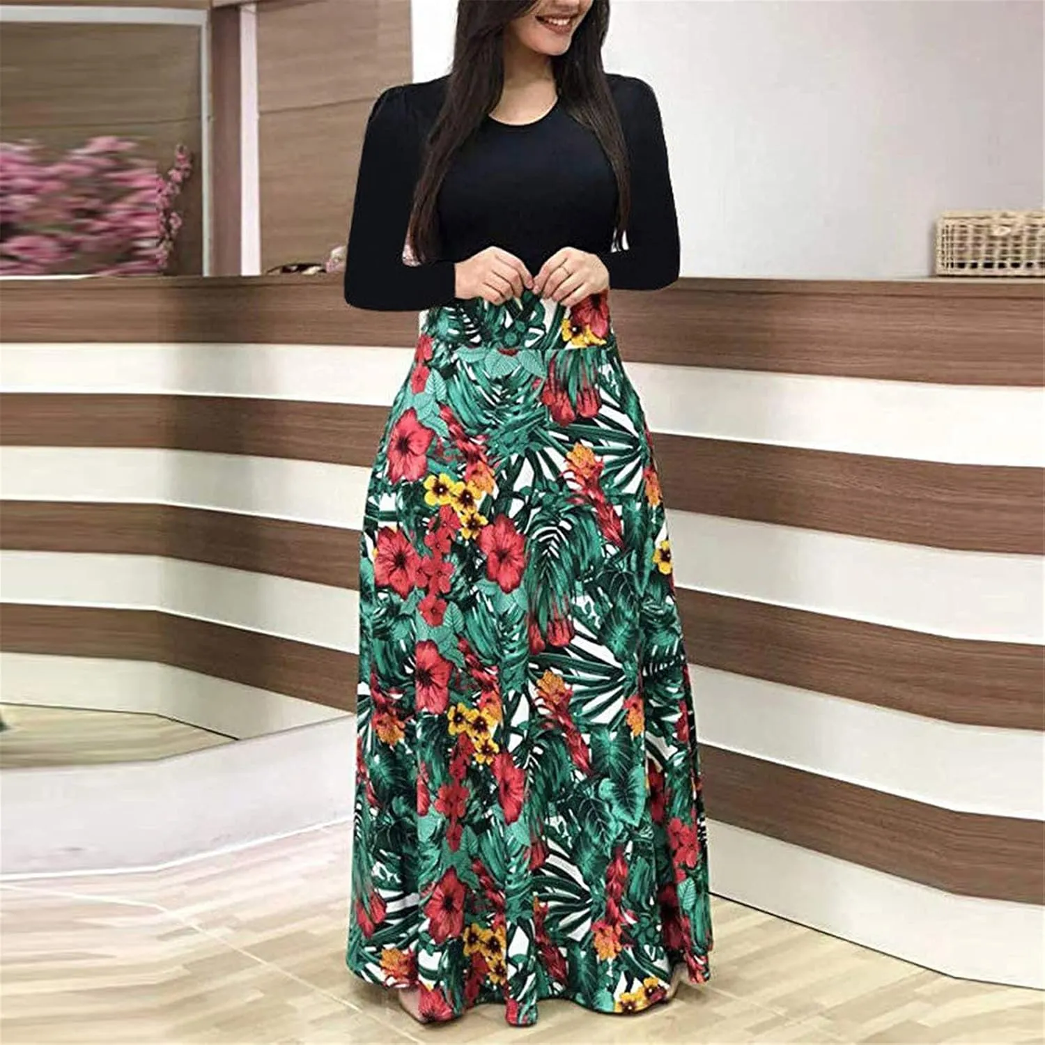 ZEFOTIM Long Sleeve Dresses for Women 2025 Floral Dress Summer Dresses Long Dresses Crewneck Dress Spring Dresses for Women