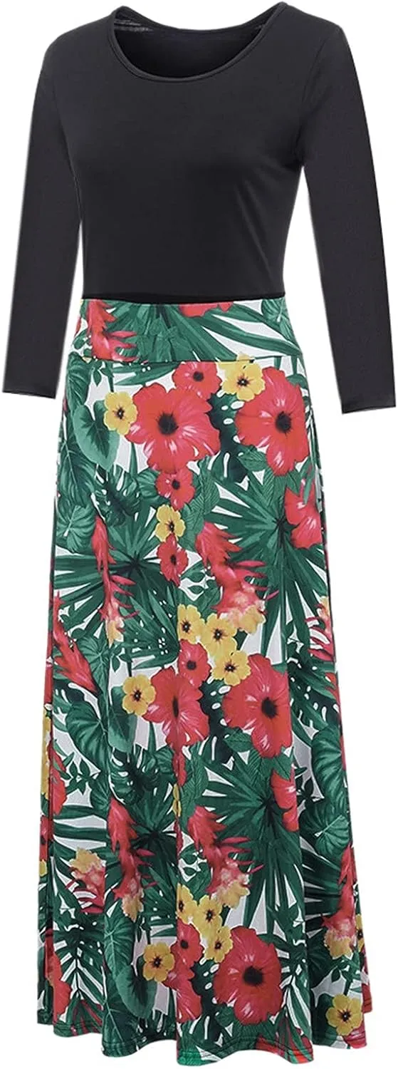 ZEFOTIM Long Sleeve Dresses for Women 2025 Floral Dress Summer Dresses Long Dresses Crewneck Dress Spring Dresses for Women