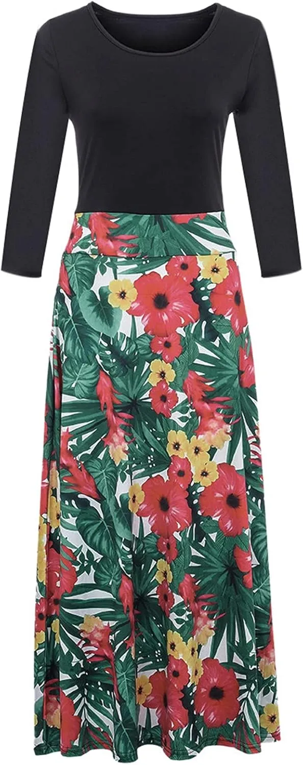 ZEFOTIM Long Sleeve Dresses for Women 2025 Floral Dress Summer Dresses Long Dresses Crewneck Dress Spring Dresses for Women