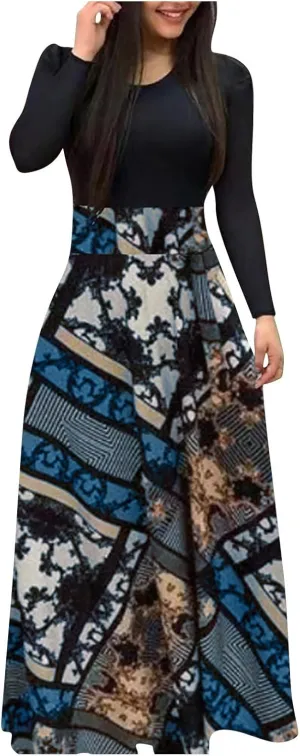 ZEFOTIM Long Sleeve Dresses for Women 2025 Floral Dress Summer Dresses Long Dresses Crewneck Dress Spring Dresses for Women
