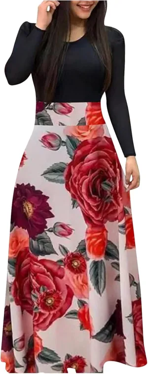ZEFOTIM Long Sleeve Dresses for Women 2025 Floral Dress Summer Dresses Long Dresses Crewneck Dress Spring Dresses for Women