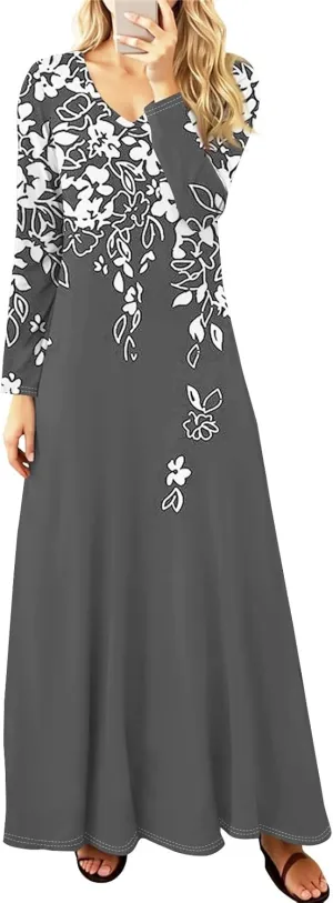 ZEFOTIM Long Sleeve Dresses for Women 2025 Graphic Printed Vintage Maxi Dresses