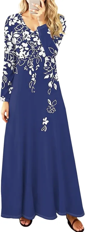 ZEFOTIM Long Sleeve Dresses for Women 2025 Graphic Printed Vintage Maxi Dresses