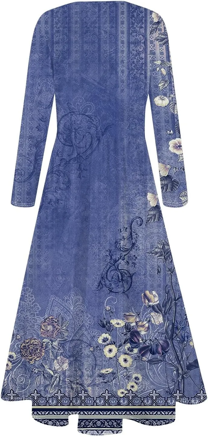 ZEFOTIM Long Sleeve Dresses for Women Casual Crewneck with Pockets Vacation Floral Dresses Spring Summer Dresses