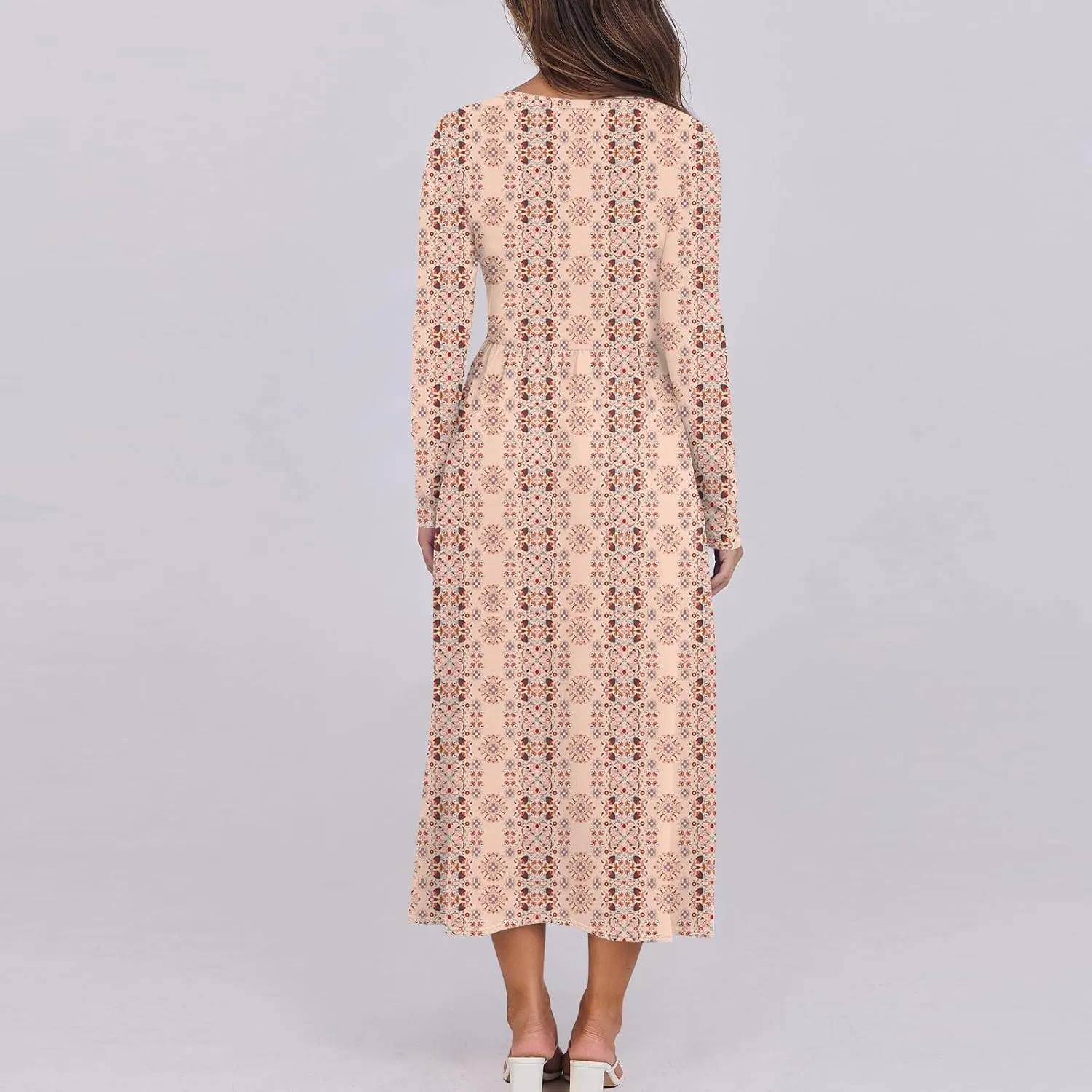 ZEFOTIM Long Sleeve Dresses for Women Casual Crewneck with Pockets Vacation Floral Dresses Spring Summer Dresses
