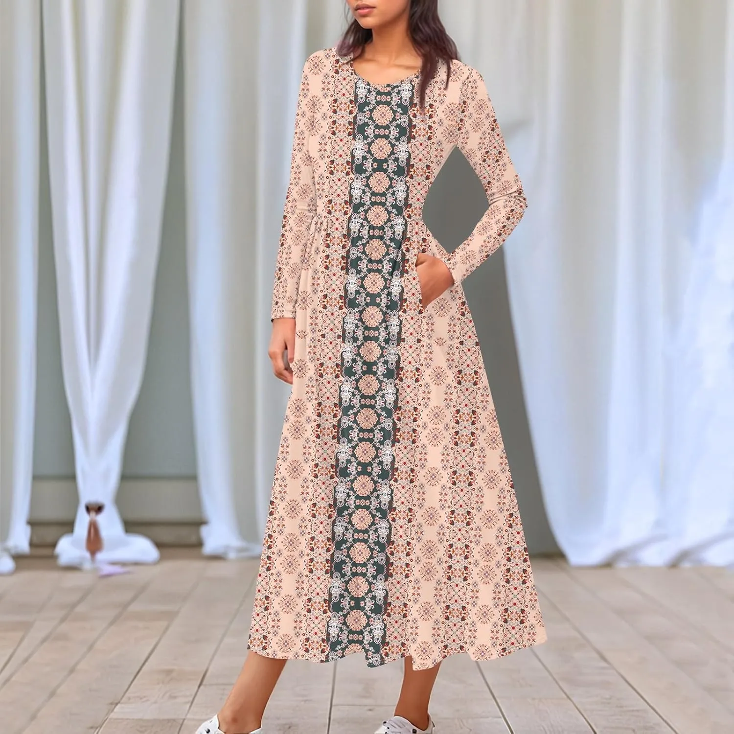ZEFOTIM Long Sleeve Dresses for Women Casual Crewneck with Pockets Vacation Floral Dresses Spring Summer Dresses