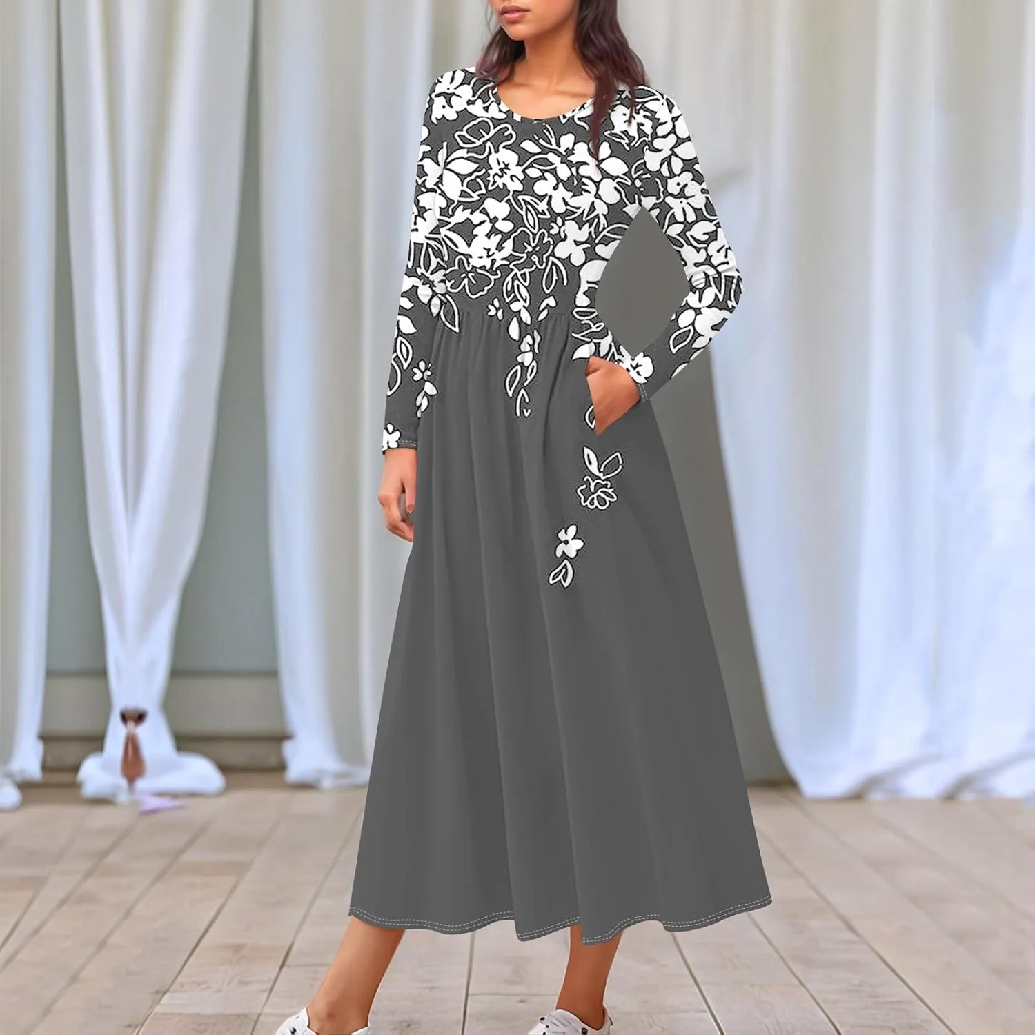 ZEFOTIM Long Sleeve Dresses for Women Casual Crewneck with Pockets Vacation Floral Dresses Spring Summer Dresses