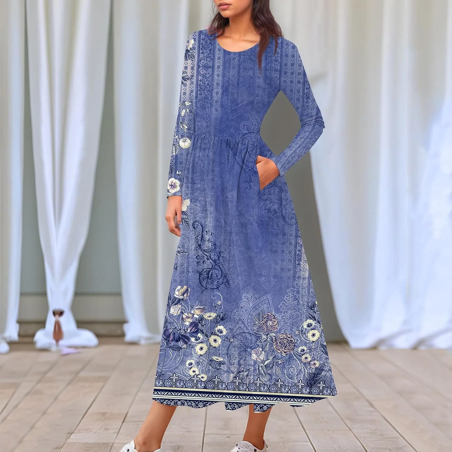 ZEFOTIM Long Sleeve Dresses for Women Casual Crewneck with Pockets Vacation Floral Dresses Spring Summer Dresses