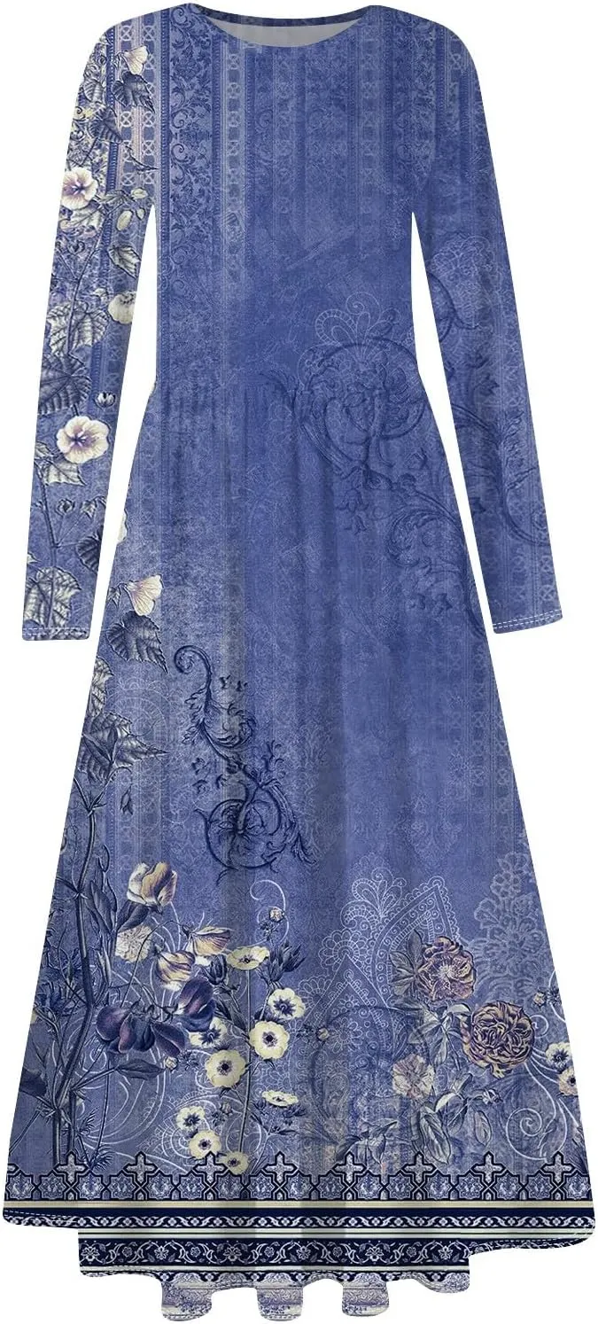 ZEFOTIM Long Sleeve Dresses for Women Casual Crewneck with Pockets Vacation Floral Dresses Spring Summer Dresses