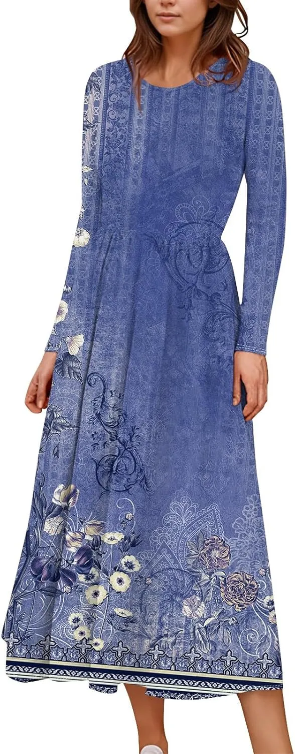ZEFOTIM Long Sleeve Dresses for Women Casual Crewneck with Pockets Vacation Floral Dresses Spring Summer Dresses
